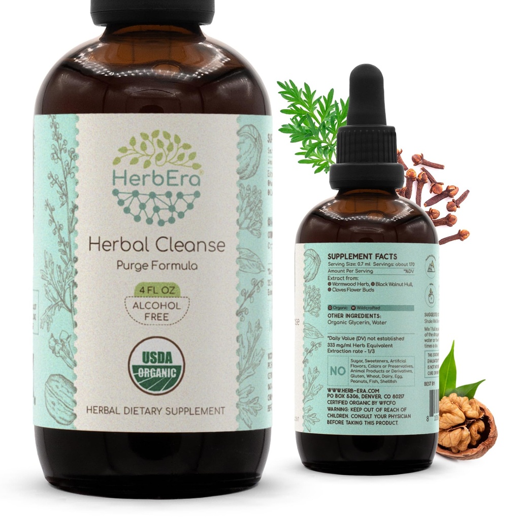 HerbEra Herbal Cleanse Økologisk alkoholfri Tinktur | Detox og Cleanse Formula, Ekstrakt Supplement | Organic Wormwood Urt, Black Walnut Hull, Cloves Blomster Buds | Purge Extract (4 fl oz)