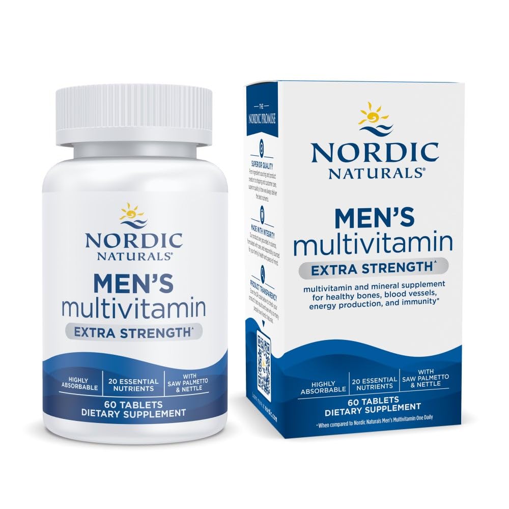 Nordic Naturals Men's Multivitamin Extra Styrke - Bone, Energi og Blood-Vesssel Support - Immunitet Supplement - 20 essensielle næringsstoffer - 60 tabletter - 30 serveringer