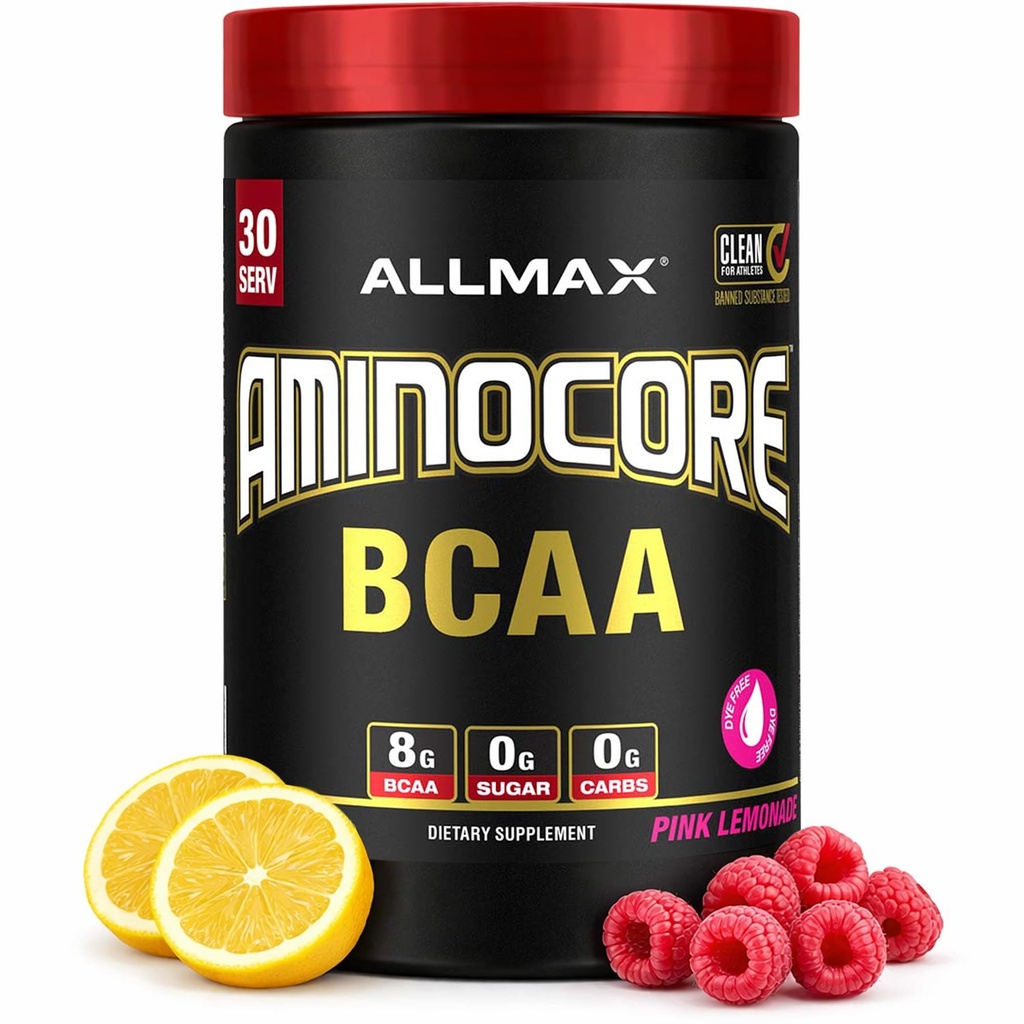 ALLMAX Nutrition Aminocore BCAA – 8G BCAA – 100% ren gren kjedede aminosyrer – glutenfri - rosa sitronade - 315 gram