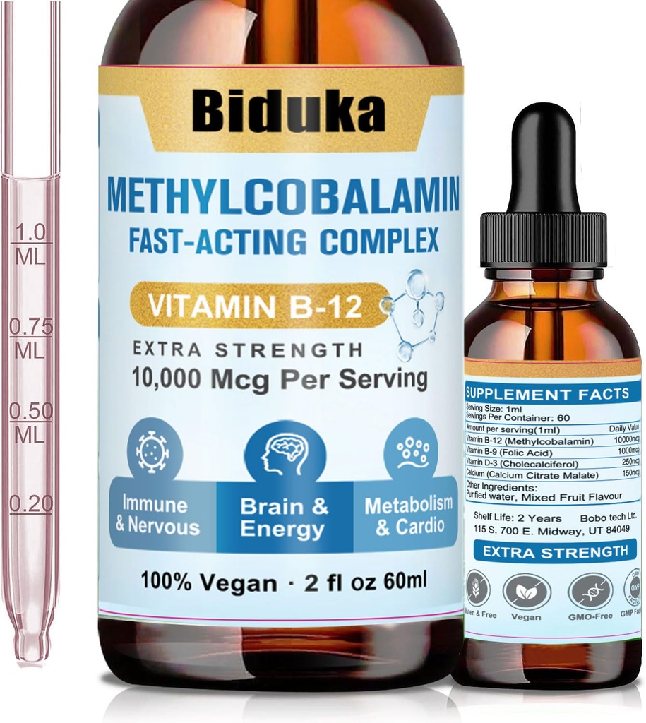 10 000mcg vitamin B12 sublingual flytende dråper, unik formel med D3, B9(Folsyre), kalsium, støtte energi, hjerte, humør, hjerne, immunsystem, vegetarisk, ikke-GMO og glutenfri