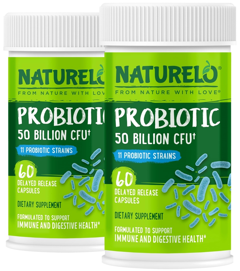 NATURELO Probiotika for digestive helse - 50 milliarder CFU, 11 Strains, daglig bruk Supplement - Økt immunsystem, forsinket frigjøring, No-Fridge, 60 vegetariske kapsler (pakke med 2)