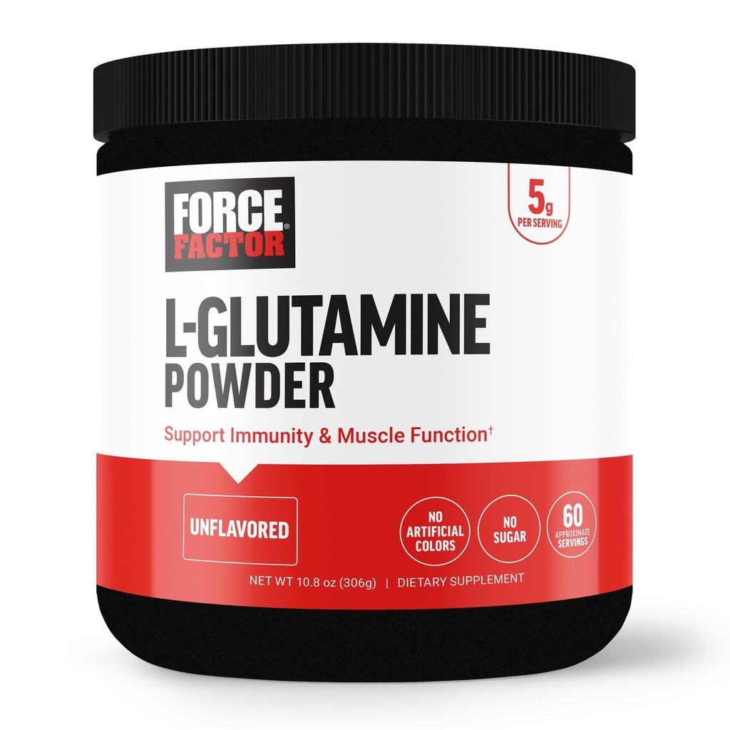 FORCE FACTOR L-Glutamine pulver for post trening gjenoppretting, muskelgjenvinning, sunn muskelfunksjon, og immunitet, 5000 mg/5g glutamintilskudd, vegan, ikke-GMO, 60 serveringer