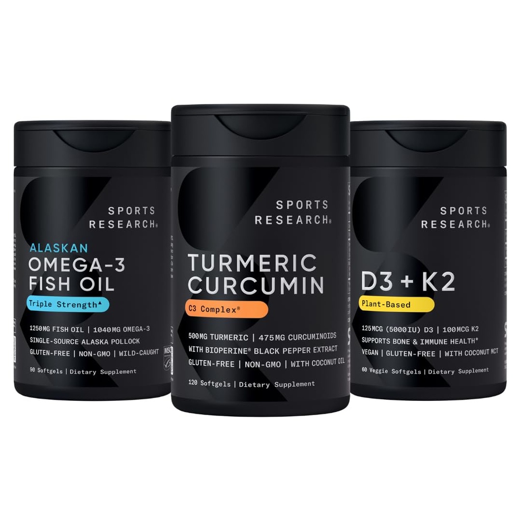 Idrettsforskning Wild Alaskan Pollock Omega 3 Fiskeolje 90 Softgels (1250 mg), Turmeric Curcumin C3 Complex (120 Softgels) og Vegansk 5000 IU Vitamin D + 100mcg Mk7 Vitamin K (60 Softgels)