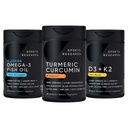 Idrettsforskning Wild Alaskan Pollock Omega 3 Fiskeolje 90 Softgels (1250 mg), Turmeric Curcumin C3 Complex (120 Softgels) og Vegansk 5000 IU Vitamin D + 100mcg Mk7 Vitamin K (60 Softgels)