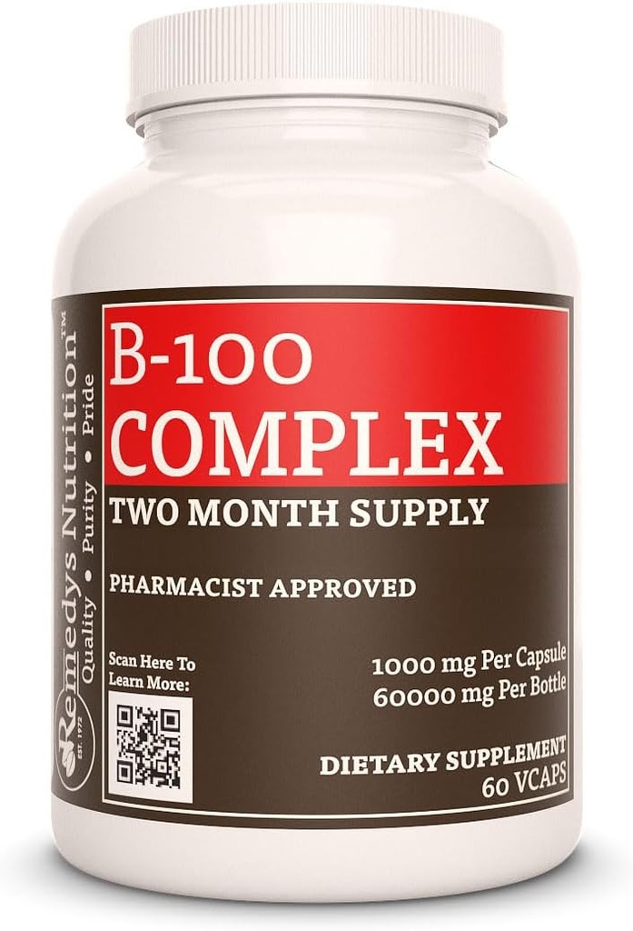 Remedys ernæring vitamin B-100 kompleks |1,000 mg, 60 vegansk kapsler kosttilskudd | To måneders forsyning