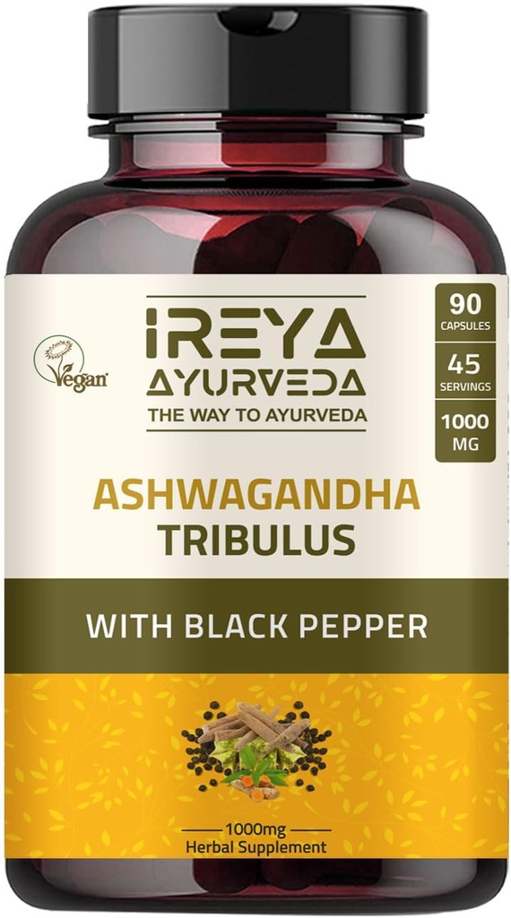 Ashwagandha kapsler organisk 1000mg (90 kapsler) laget med tribulus terrestris, Shatavari og svart pepper organiske ingredienser | 45 dagers levering