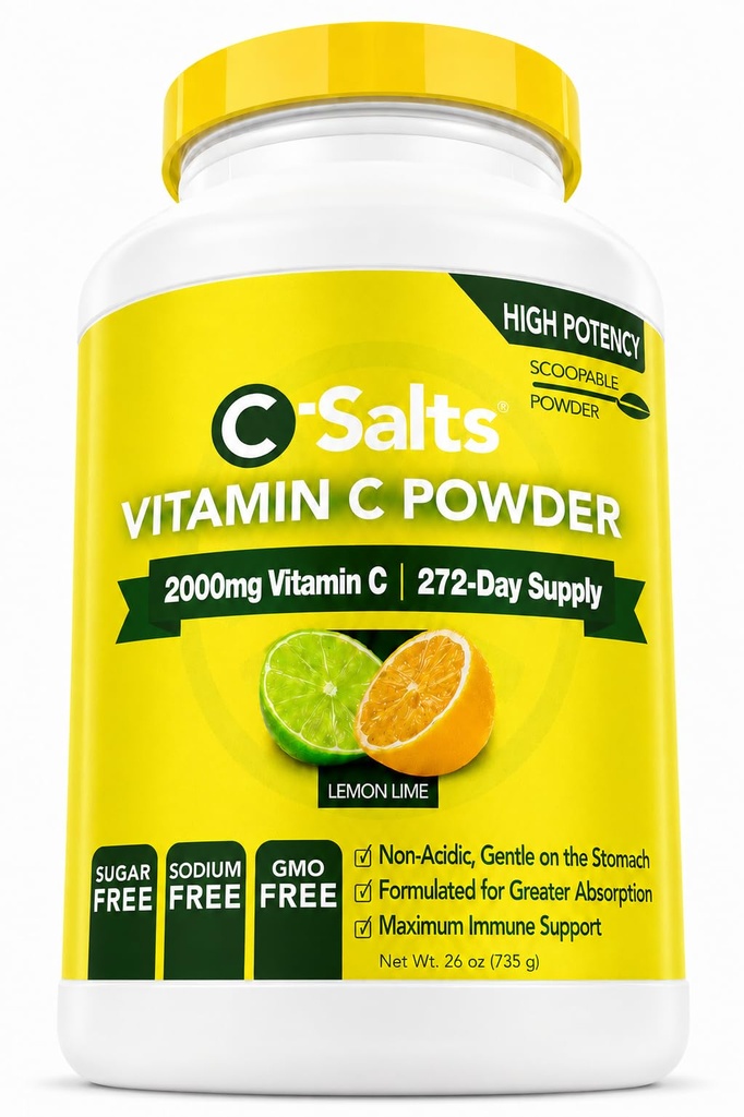C-Salts vitamin C pulver Supplement - 100% ren høy dose buffert vitamin C pulver til immunstøtte - økologisk, sukkerfri, vegansk, ikke-GMO, magen-vennlig, sitron lime 26oz