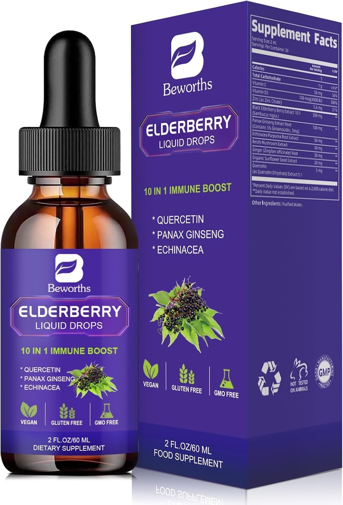Elderbær Syrup  Qu Quercetin svart eldrebær flytende dråpe med Quercetin, Panax Ginseng for immun støtte | Sambucus eldrebær med vitamin C og sink, D3 | Vegan | Ikke-GMO | Original