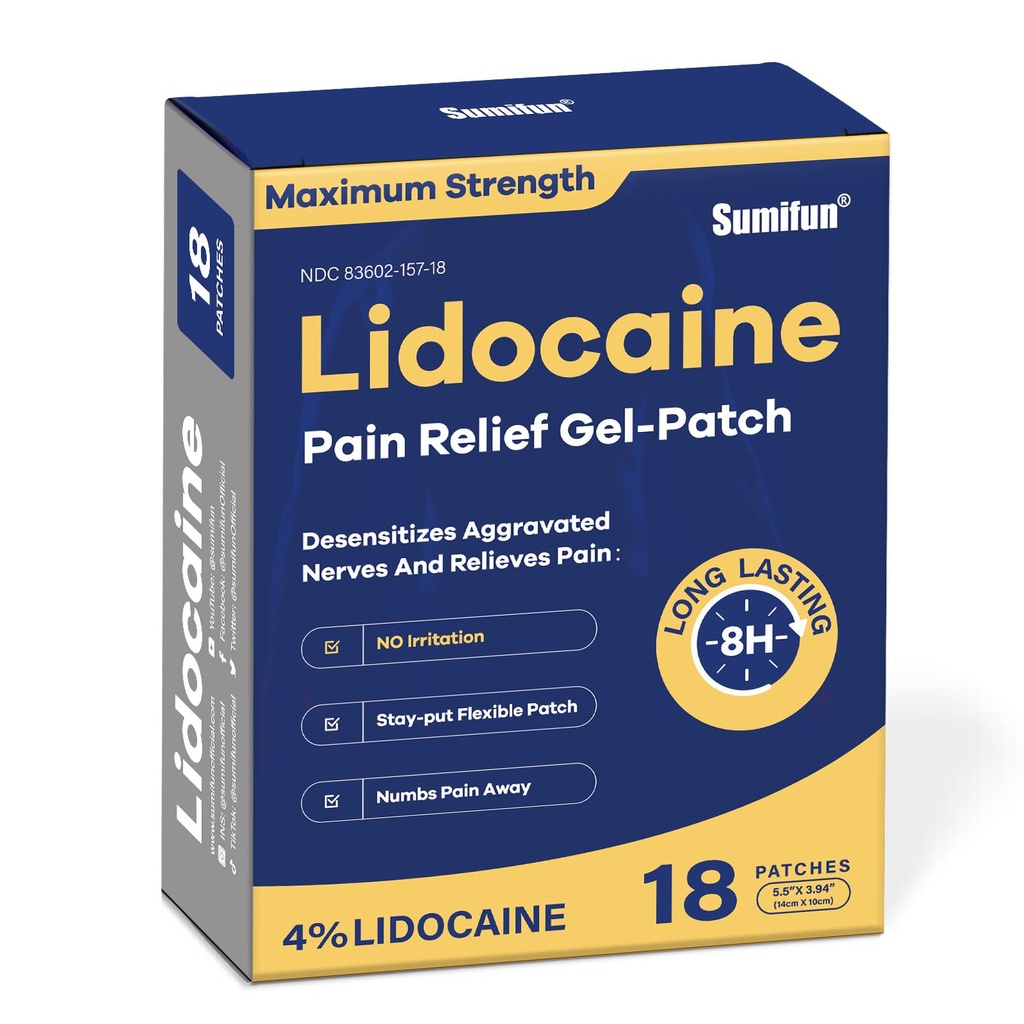 Sumifon 4% Lidocaine smerte relief patches - OTC Maksimum styrke - Fleksibel & langlasting, 18-talls Lidocaine lapper for rygg, hals, muskel, leddsmerter - uscented smerte patch