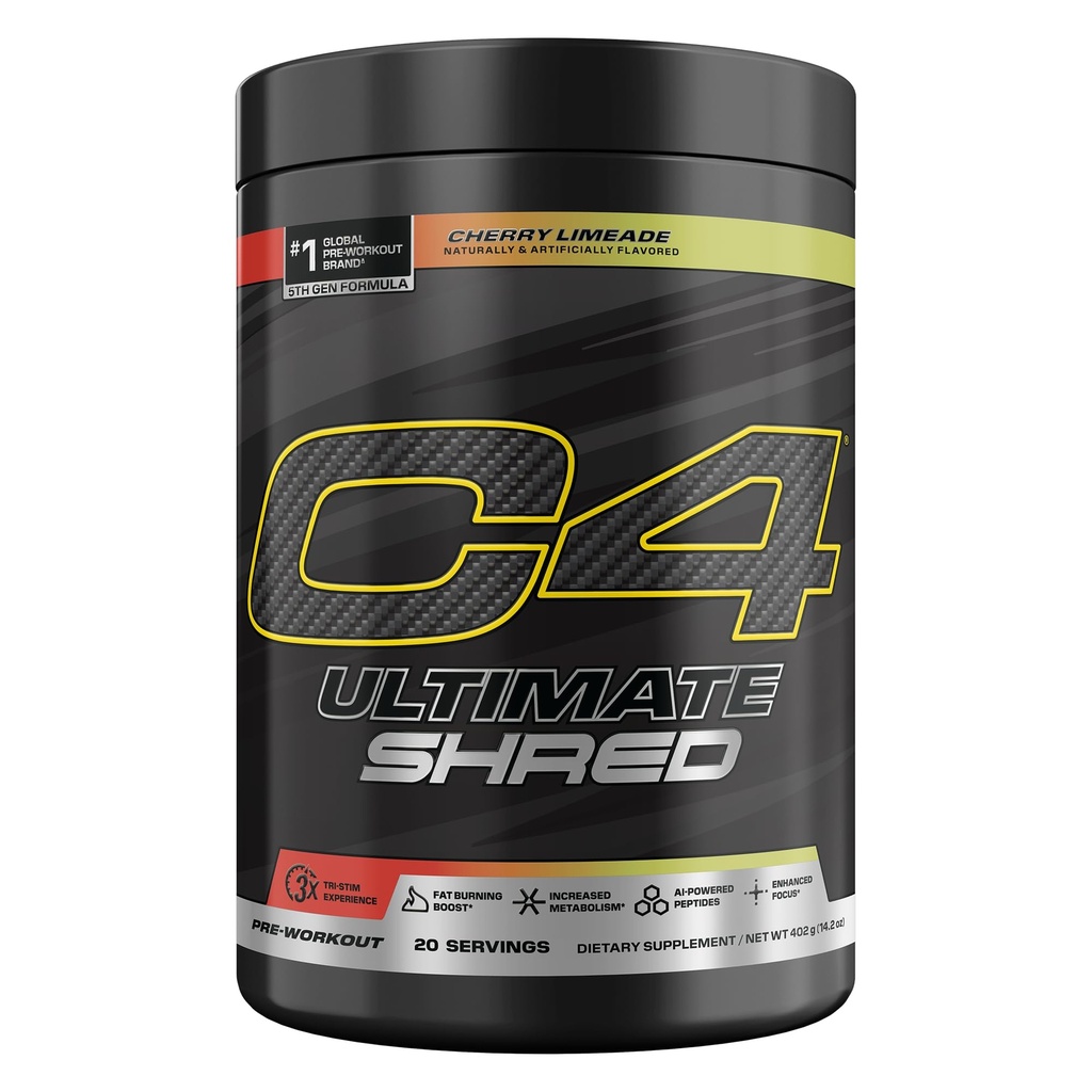 Cellucor C4 Ultimate Shred Pre Trening pulver, Metabolisme Supplement med Cayenne ekstrakt + 300mg Koffein + TeaCrine +Dynamine - Cherry Limeade, 20 Serveringer