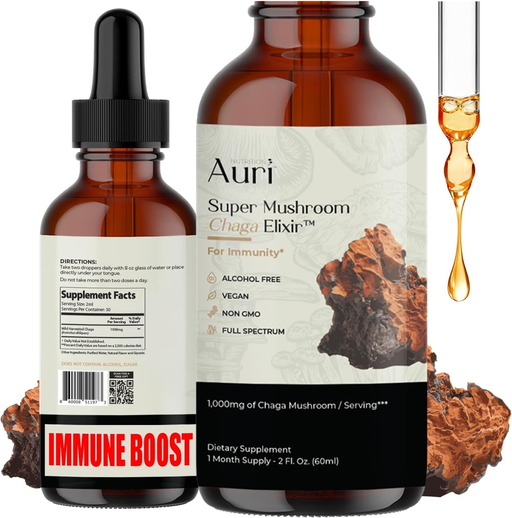 Auri Super Chaga Elixir - Mushroom Supermat Liquid Supplement med full Spectrum Immun Support fra oksidativ stress og energiløft - Chaga Tinktur 60ml
