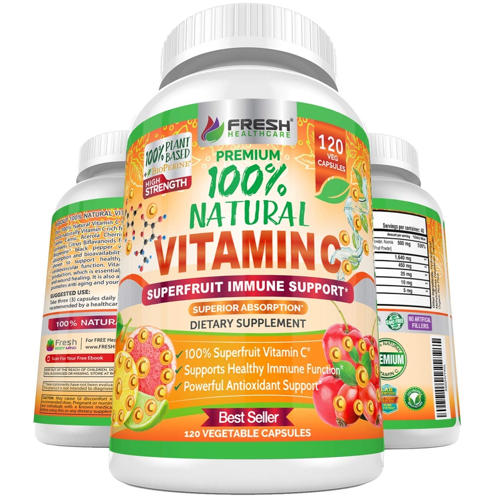 Frisk helsevesen 100% naturlig vitamin C - 500mg fra Rose HIPS, Acerola Cherry & Camu Camu - høy absorpsjon immun støtte, hud, felles og kollagen booster med Citrus Biflavonoids - 120 kapsler