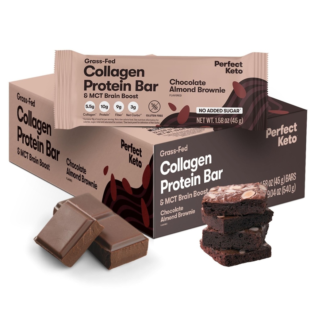 Perfekte ketobarer - de reneste ketosnackene med kollagen og MCT. Ingen tillagt sukker, keto diettvennlig - 3g Net Carbs, 19g fett, 10g protein - Diett Mat Dessert (Almond Butter Brownie, 12 Bars)