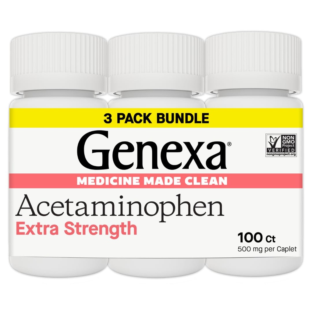 Genexa Clean Acetaminophen 500mg Extra styrke, Dye Fri smertefri smertefri feber Reduserer, 0% kunstige tilsetningsmidler, smertemedisiner for voksne, lindrer hodepine, ryggsmerter, mindre ledgiktsmerter, 300 tabletter
