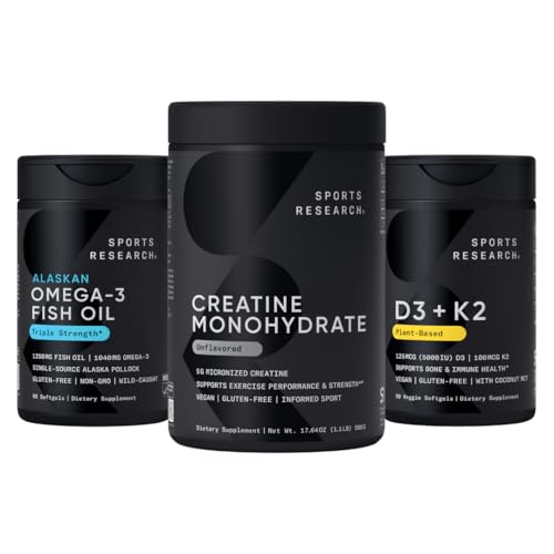 Sportsforskning Triple Styrke Omega 3 Fiskeolje - Burpless Fish Oil Supplement m/EPA & DHA fettsyrer, Kreatin Monohydrat & Plant Basert vitamin D3 K2 med kokosolje