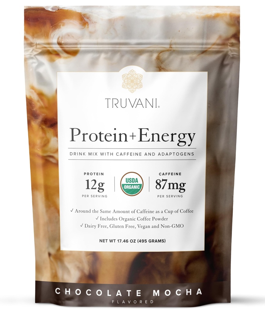Truvani Protein + Energi Drink Blande med 87 mg Koffein | Sjokolade Mocha | 12g Økologisk Plante Basert Protein | 20 Serverer | USDA Økologisk Kaffe pulver & Adaptogens | Gluten & Dairy Gratis | Vegansk