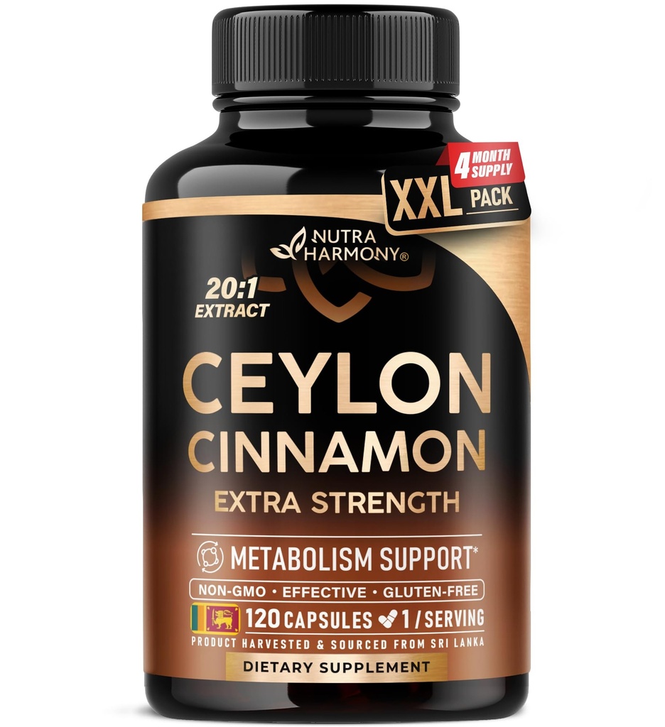 Ceylon Cinnamon Capsules - Extra styrke - Energi, hjerte og metabolisme støtte - for menn og kvinner - ren naturlig ekstrakt 20:1 Supplement - laget i USA - GMO & Glutenfri, 120 kapsler, 4 måneders forsyning