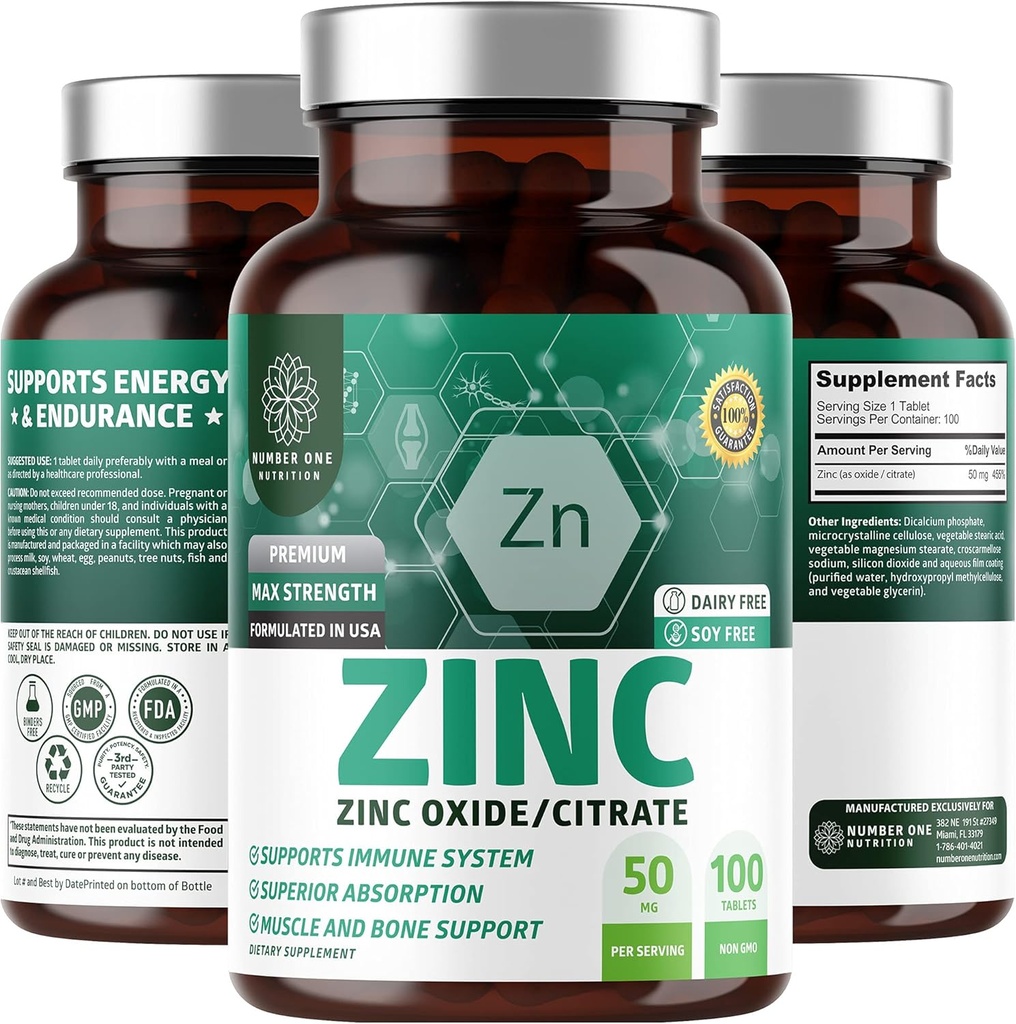 N1N Premium Zinc 50mg [3X absorpsjon, vegansk] Alle naturlige sinkoksid og Citrat Supplement for immunstøtte, hud helse og bedre digestion, 100 tabletter