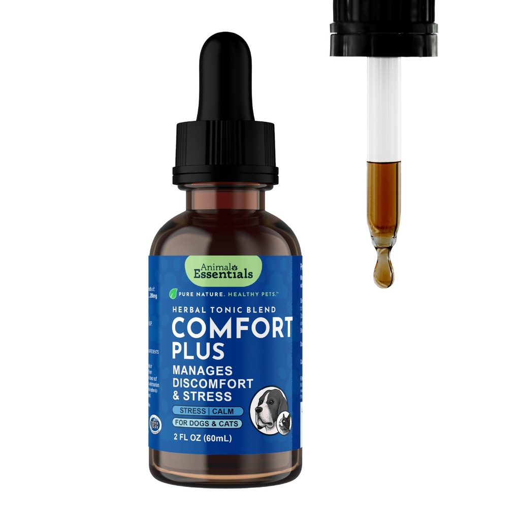 Dyr Essentials Comfort Plus for hunder og katter - beroligende væske, Kjæledyr beroligende dråper, Herbal Formula, California Poppy, Skullcap - 2 Fl Oz