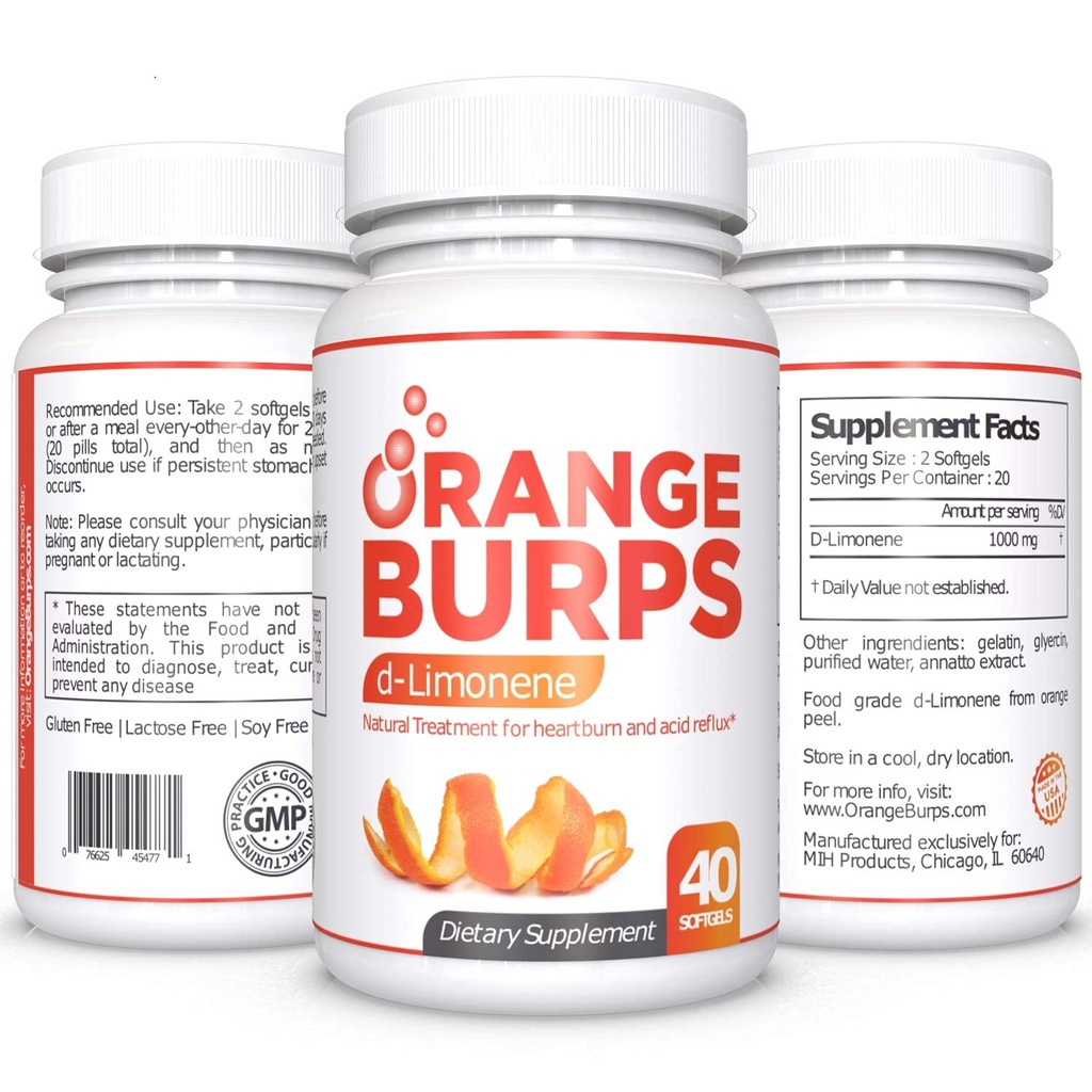 Orange Burps D-Limonen Supplement - Acid Reducer (Antacid for syre Reflux), Heartburn Relief, GERD Relief, og indigation Relief | Orange Peel Extract for helse og velvære (1000 mg, pakke med 3)