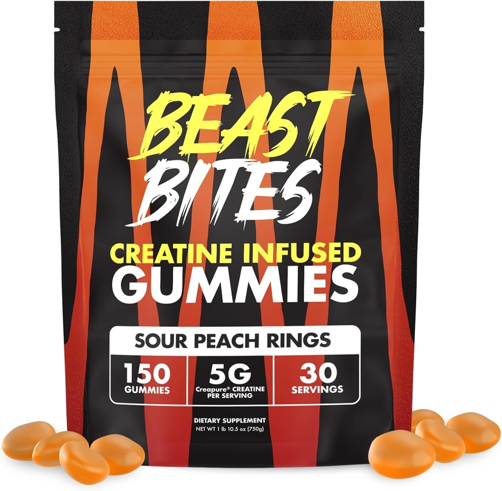 BEAST BITES - Kreatinin-infisert gummi - 5g Creapure Kreatin-monohydrat Per Serving - NSF-sertifisert for Sport - 30 Serveringer