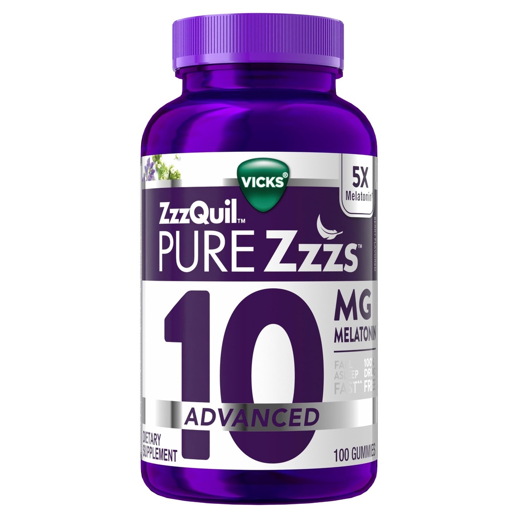 ZzzQuil Pure Zzzs Advanced Melatonin Gummies, Melatonin 10mg, søvnhjelp, med kamille og lavender, Melatonin søvn gummies, søvnhjelp for voksne, Berry Flavored, 100 søvn gummies