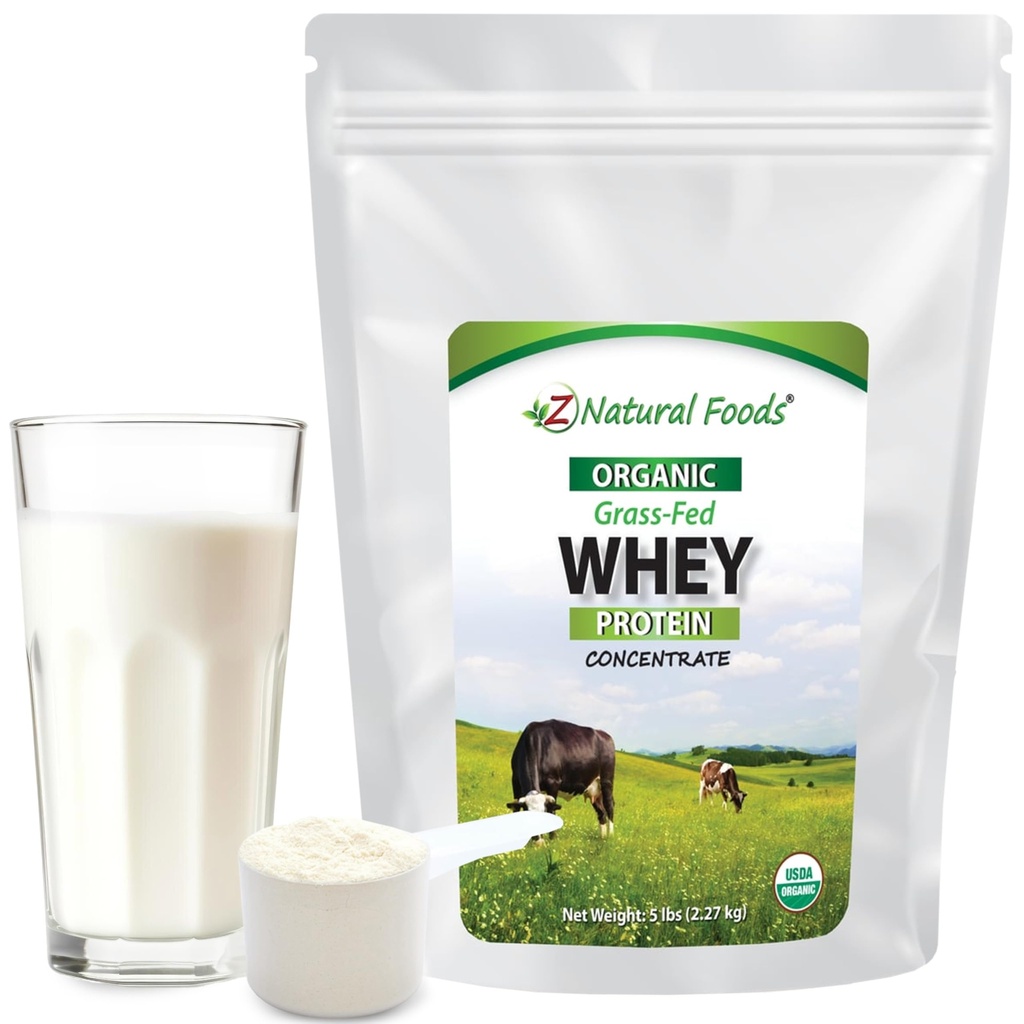 Z Natural Foods Organic Whey Protein Concentrate - Nutrient-Dense Grass Fed Whey Protein Powder - kald prosessert ren Whey Protein med essensielle aminosyrer for ernæring og fitness, uslavored, 5 lbs