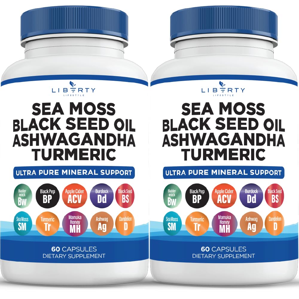 Sjø Moss Svart Seed Olje Ashwagandha Turmeric Bladderwrack Burdock - med Manuka, Honning Dandelion, ACV Svart Pepper Glutenfri - 2-Pack