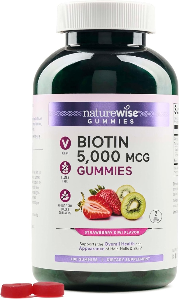 NatureWise Biotin Gummies - støtter sunnt hår, hud og sterke negler - Vitamin B7 5000mcg - Naturlig skjønnhet - Jordbær-Kiwi Flavor - Vegansk, ikke-GMO, Glutenfri - 180 Teller[90 Day Supply]