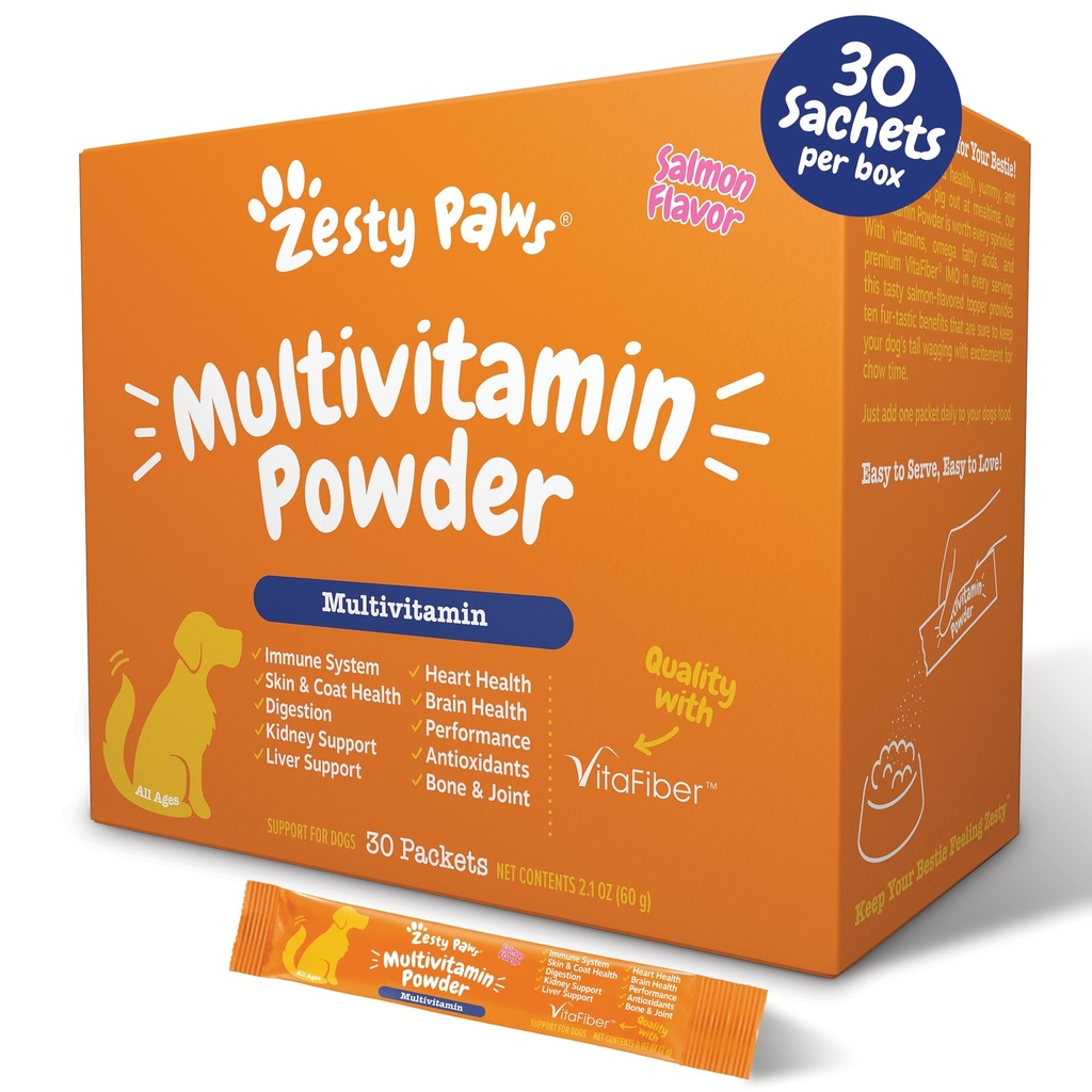Zesty Paws 10-i-1 Hunde Multivitamin - Gut, Immun, Joint, Skin & Coat støtte, og mer - Hundevitaminer og kosttilskudd pulver - Kjæledyr kosttilskudd med Omega Fish Oil & VitaFiber - Salmon - 30 Ct