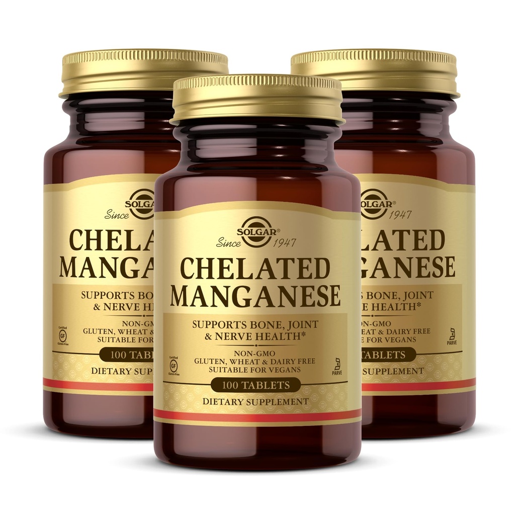 Solgar Chelated Manganese - 100 tabletter, Pakke med 2 - Støtter Bein, Joint & Nerve Helse - Ikke-GMO, Vegansk, Glutenfri, Dairy Free, Kosher - 200 Total Services
