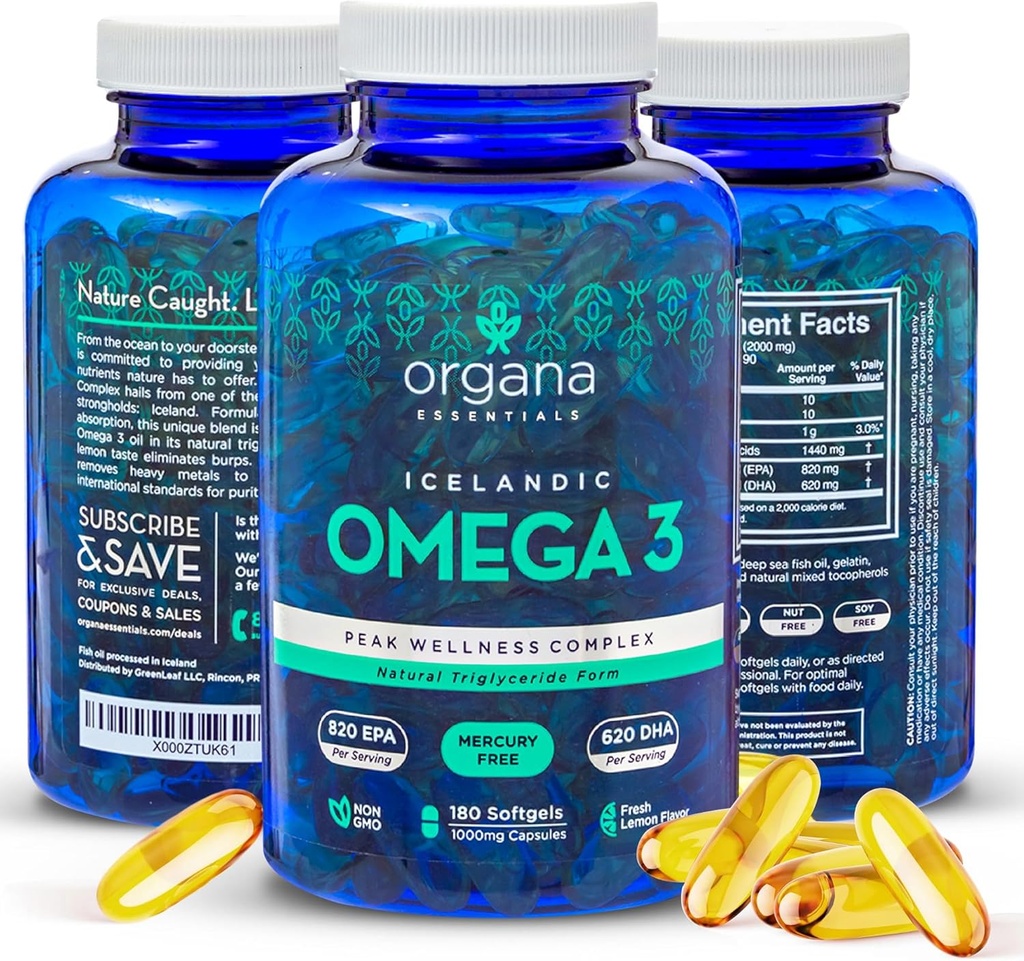 Omega 3 fiskolje 2.000 mg - høy EPA 820 mg + DHA 620 mg - 180 trippel styrke Burpless sitronflekket softgels