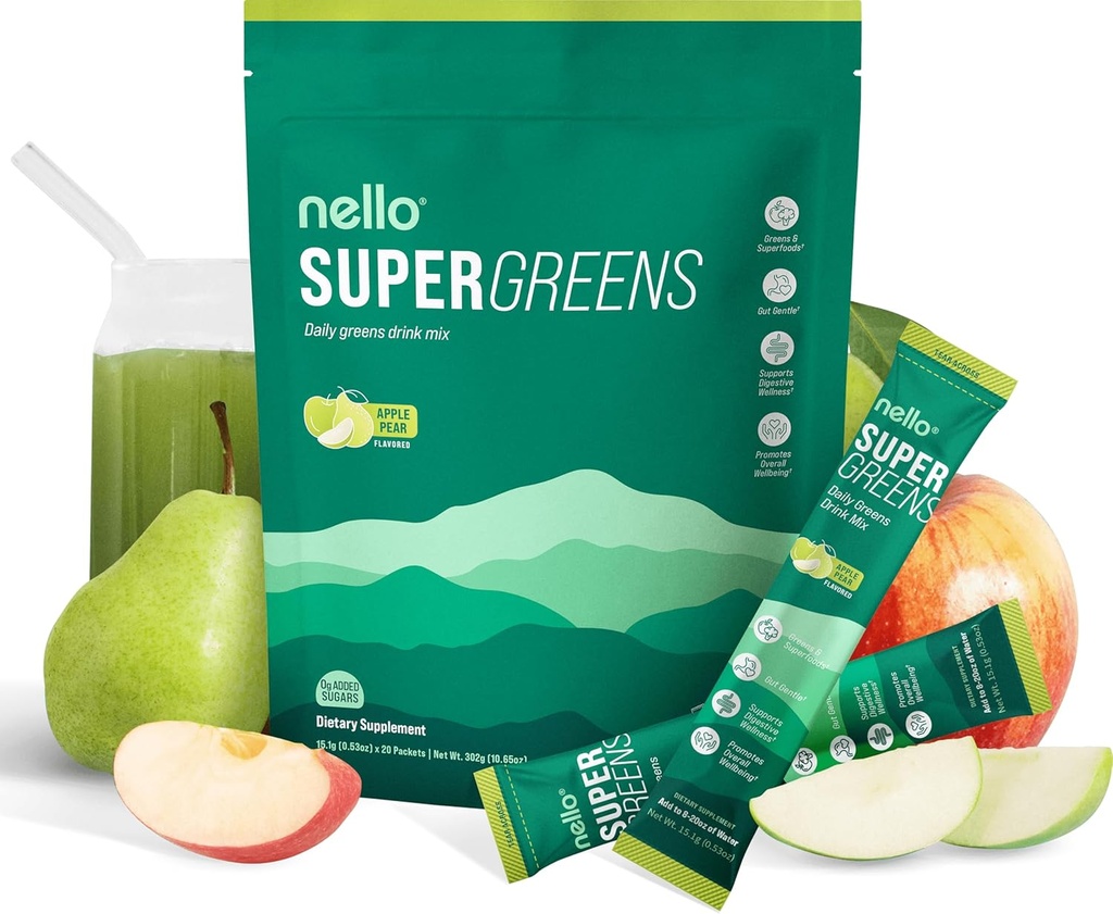 Nello Supergreens Superfood Drink Blande med Klorella, Moringa, Spinat, Broccoli, Digestive Enzymes og Probiotika – Apple Pear Flavor, 20 Services, Reisepakke