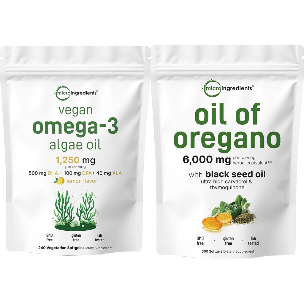 Mikroingredienser Olje av Oregano Softgels 300 greve & Vegansk Omega 3 Algae Olje Supplement Bundle 2 Pack | Carvacrol & Thymoquinon | Full Spectrum Omega-3 Alternativ