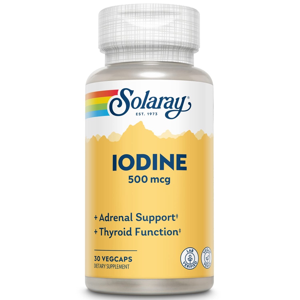 Solaray Iodin 500 mcg, jodintilskudd for sunn adrenal og thyroid støtte, energi, metabolisme og fokus, Kalium jodid, vegan, 60-dagers pengene-tilbake garanti, 30 Services, 30 Vegkaps