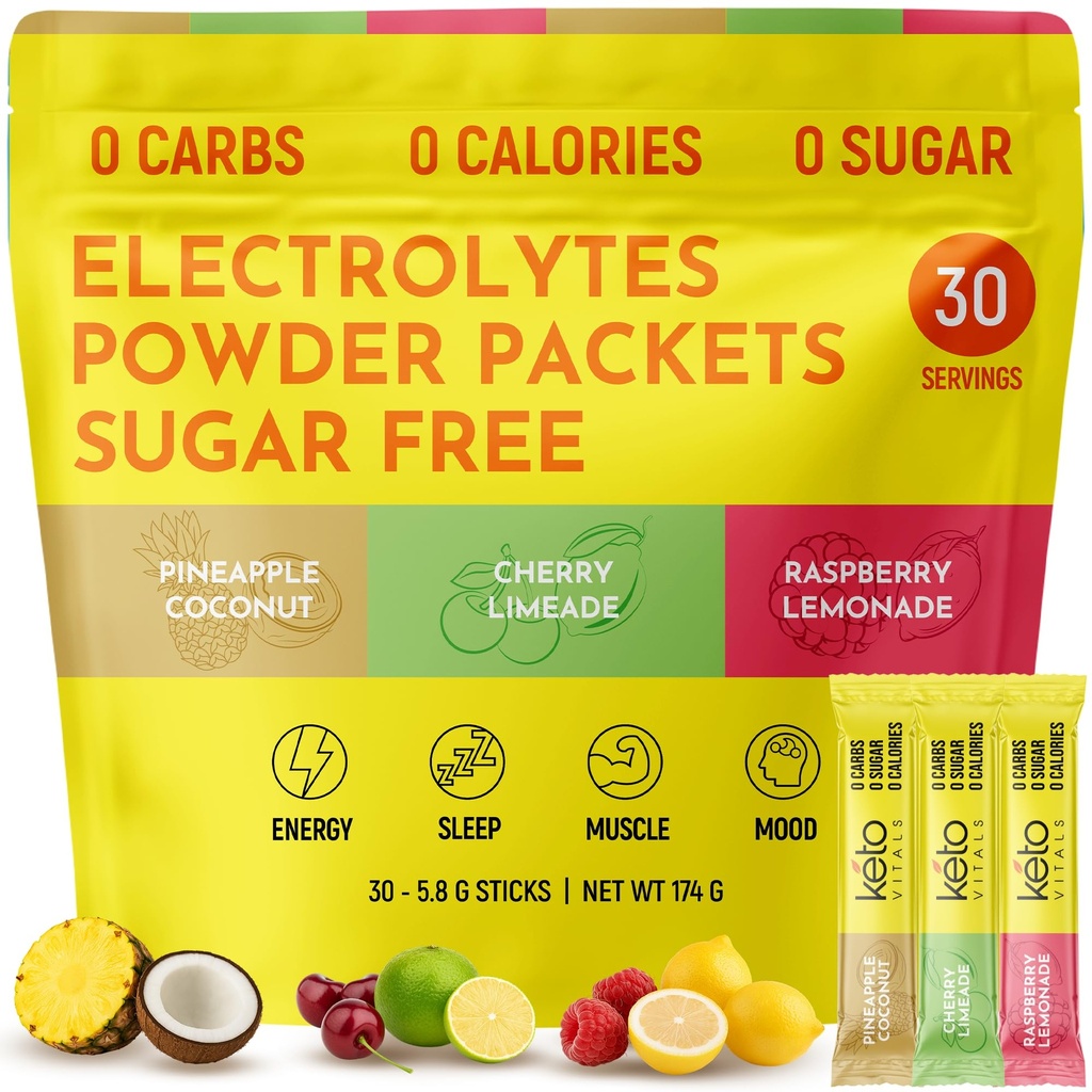 Keto Vitals Tropiske Keto elektrolyter pulver Ingen sukker - elektrolyter med kalium, magnesium, natrium, og kalsium - sukkerfri elektrolyte pulver pakker drikke blanding og hydrasjon pulver, 30 serveringer