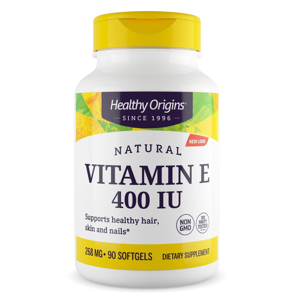 Sunn Origins E 400 IE (Naturlig, ikke-GMO, Glutenfri, Hudstøtte, Cardiovaskulær støtte), 90 Softgels