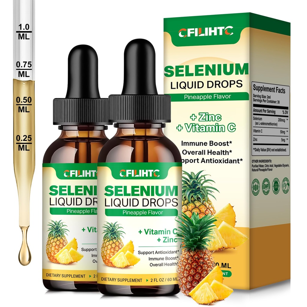 2 pakke selen flytende dråper, 200mcg flytende selen Supplement med vitamin C & sink, støtte for immunsystem, antioksidant og hjertehelse, høy absorpsjon, Pineapple Flavor