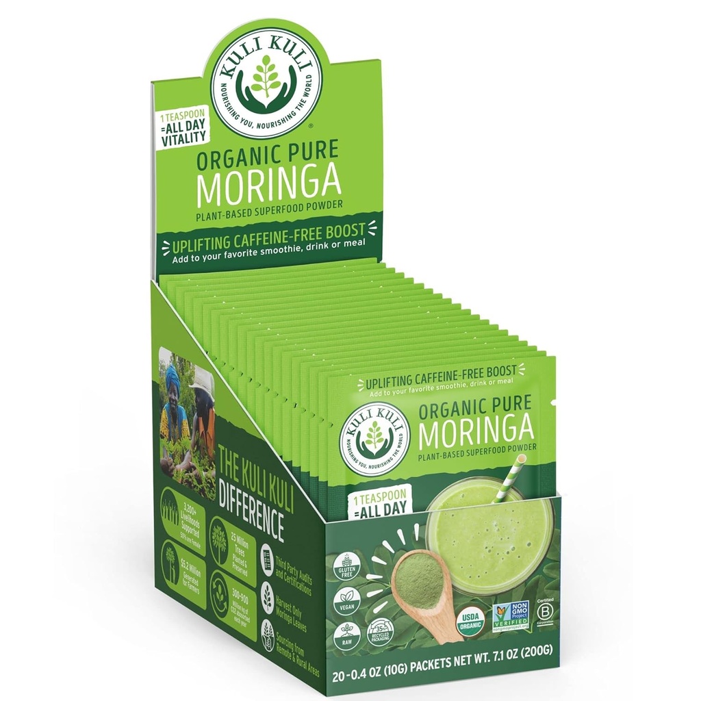 Kuli Kuli Moringa Oleifera Organic Leaf Powder & Green Smoothie, 100% ren USDA-sertifisert og ikke-GMO Moringa Powder, Flott med Smoothies, Te og Mat, 0,4 Ounce, Pakke på 20 (KK PM)