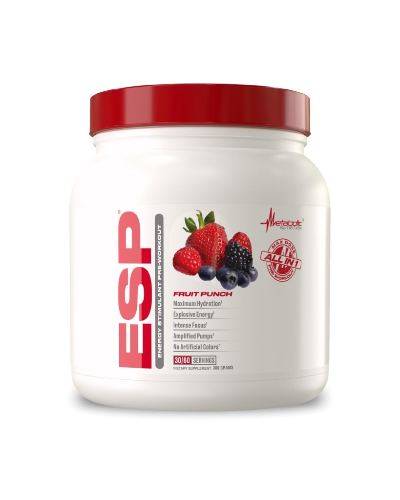 Metabolsk ernæring, ESP, energi og utholdenhet stimulerer pre trening, pre intra trening, høy energi og mental fokus, stimulerende trening kosttilskudd, fruktpunch, 300 gram (90 serveringer)