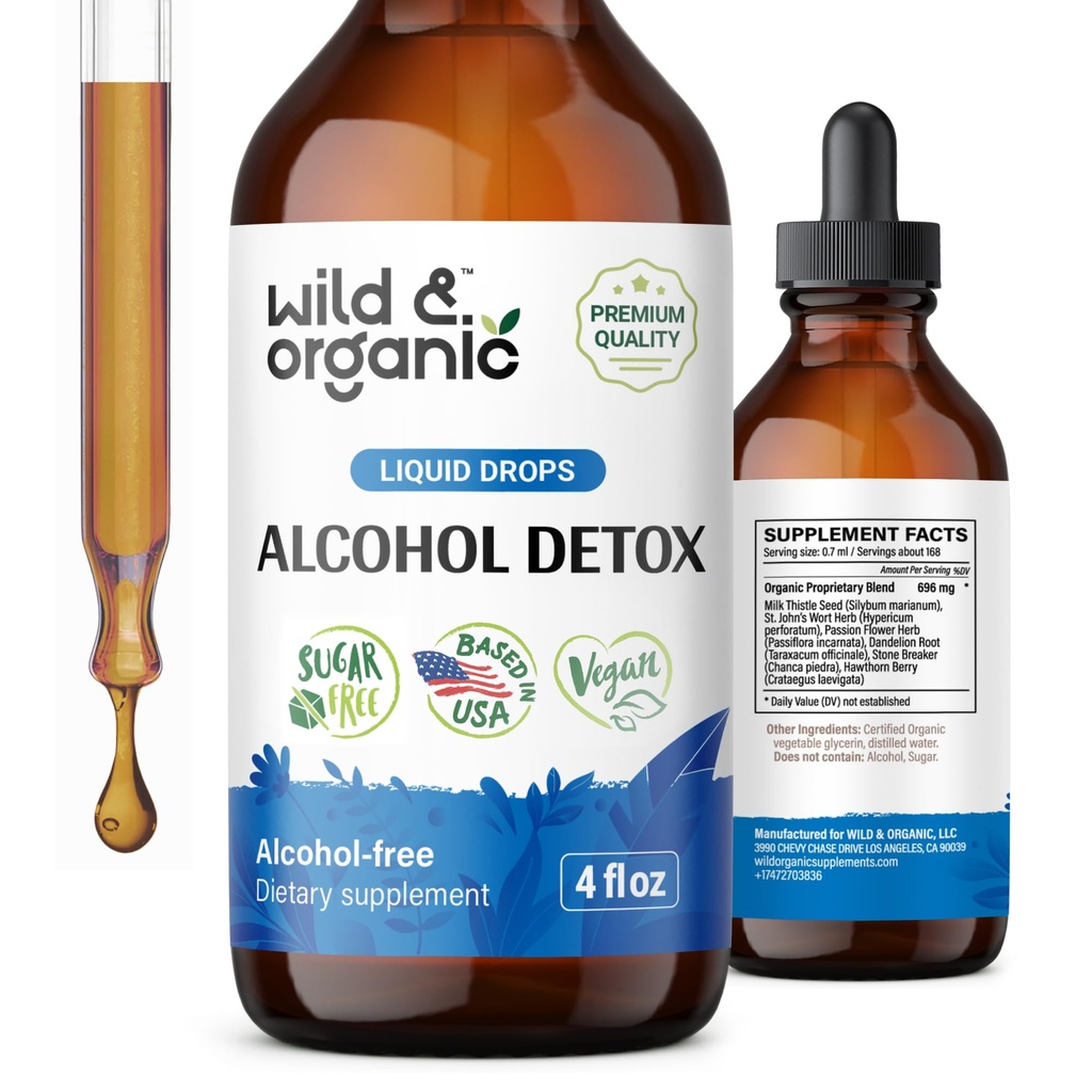 Wild & Organic alkohol Detox Drops - Liver & Nyre renser med melk Thistle, Chanca Piedra Stone Breaker - Anti alkoholkompleks for lever Cleanse Detox - Vegan, Ingen sukker og additiver - 4 fl oz