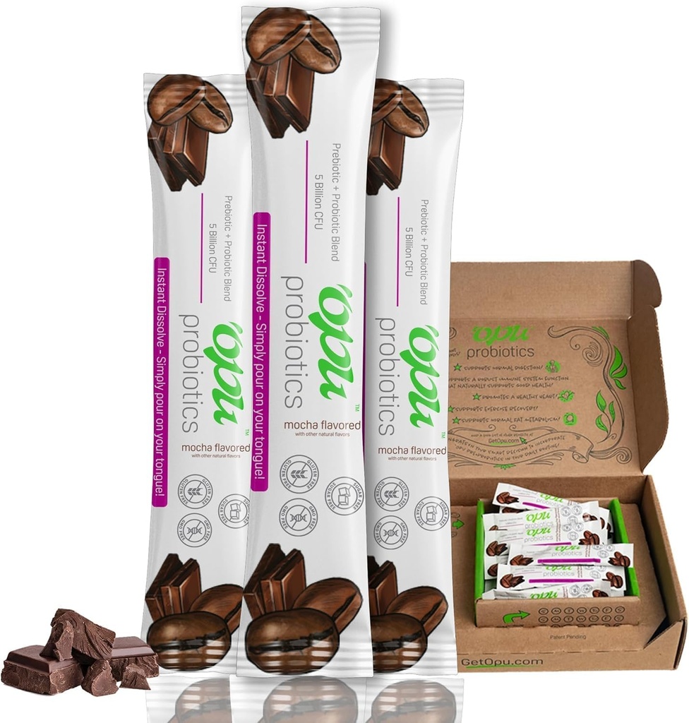 'Opu probiotika Mocha Instant-Dissolve - En måneds forsyning - 5 milliarder CFU's - Menn, kvinner og barn w/Prebiotika Sugar Free, Glutenfri, Ikke GMO
