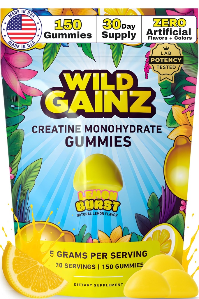 Kreatin Monohydrat Gummies for menn og kvinner 5000mg - Laget i USA, Potens Testet, Vegan, støtter muskelvekst, styrke og kognitiv funksjon, ikke-GMO Glutenfri sitronflavorert kreatin 150 Chews