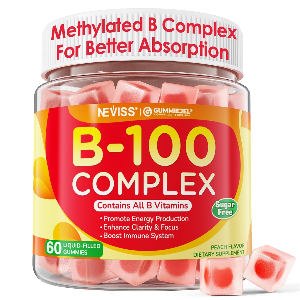 Super Vitamin B Complex Gummies - Alle B vitaminer inkludert Metyl B12, B1, B2, B3, B5, B6, Biotin, Metylfolat med vitamin C, Choline, Inositol, PABA for energi, hjerne og immun støtte, sukkerfri