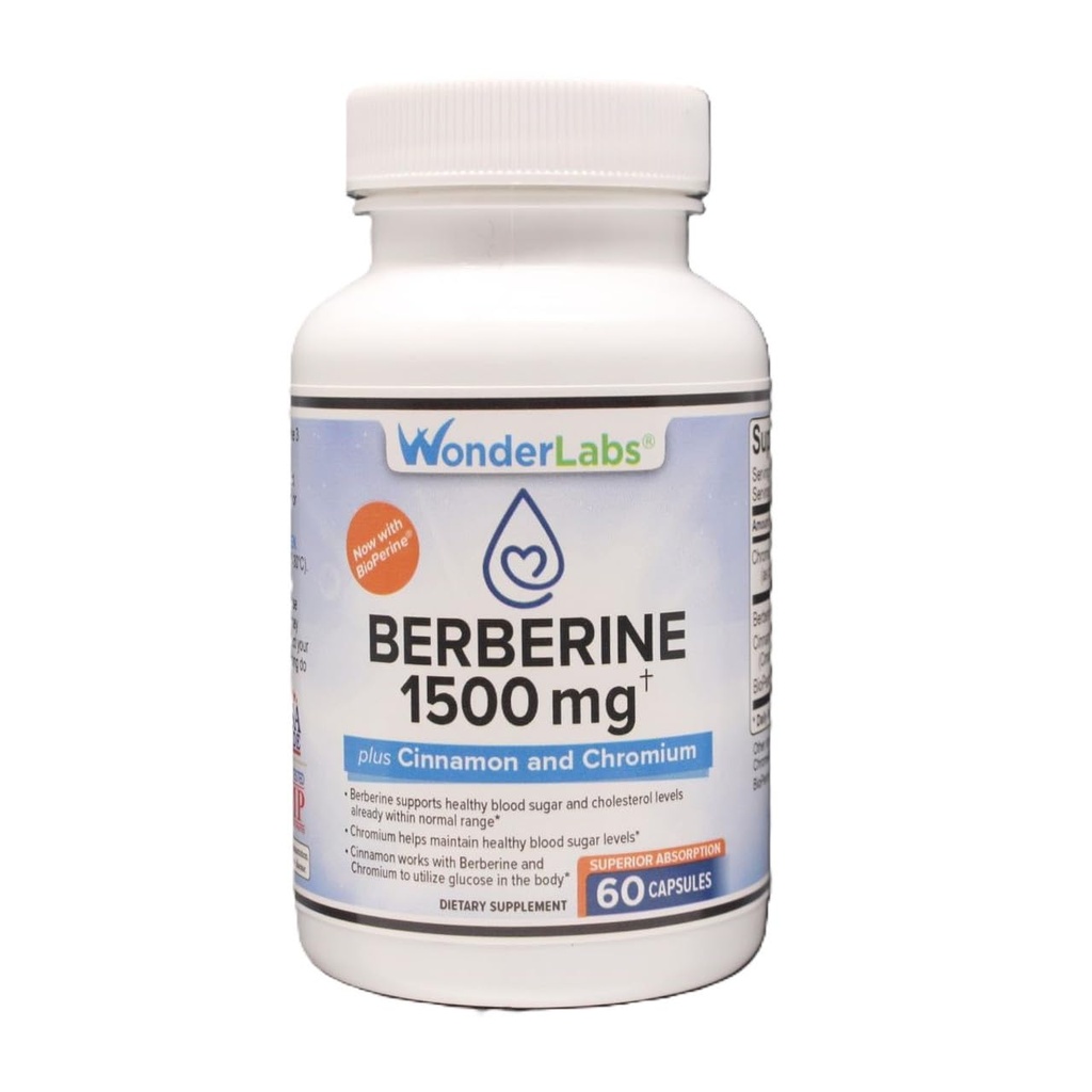 Wonder Laboratories Berberine HCL 1.500mg + kanel, kromium, & Bioperin vedlikehold for glucose, hjerte og immunsystem Helse Gluten og GMO gratis - 60 kapsler