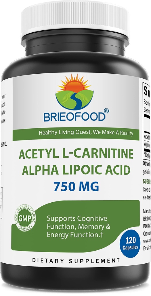 Brieofood Acetyl L-karnitin Alpha Lipoic Acid (ALA ALC) 750 mg 120 kapsler