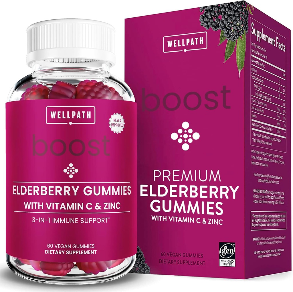 WellPath Boost Elderberry Gummies med sink og vitamin C | Immun støtte Supplement for voksne | Immunitet Booster vitaminer | Sambucol svart gummy | Ikke-GMO & Vegan, 60 Ct
