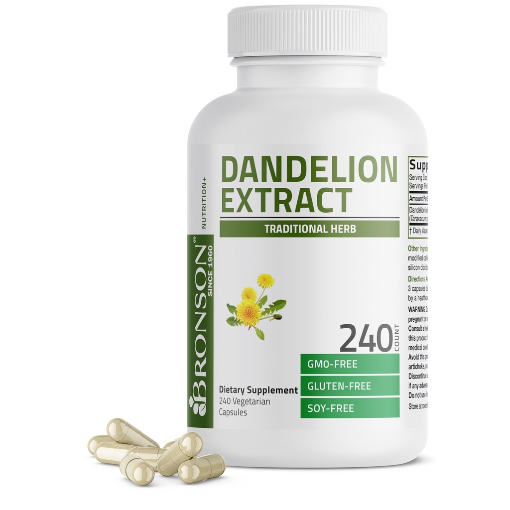 Bronson Dandelion Root høy styrke Supplement, støtter generelt god helse og velvære, tradisjonell diuretisk urt - ikke-GMO, 240 vegetariske kapsler