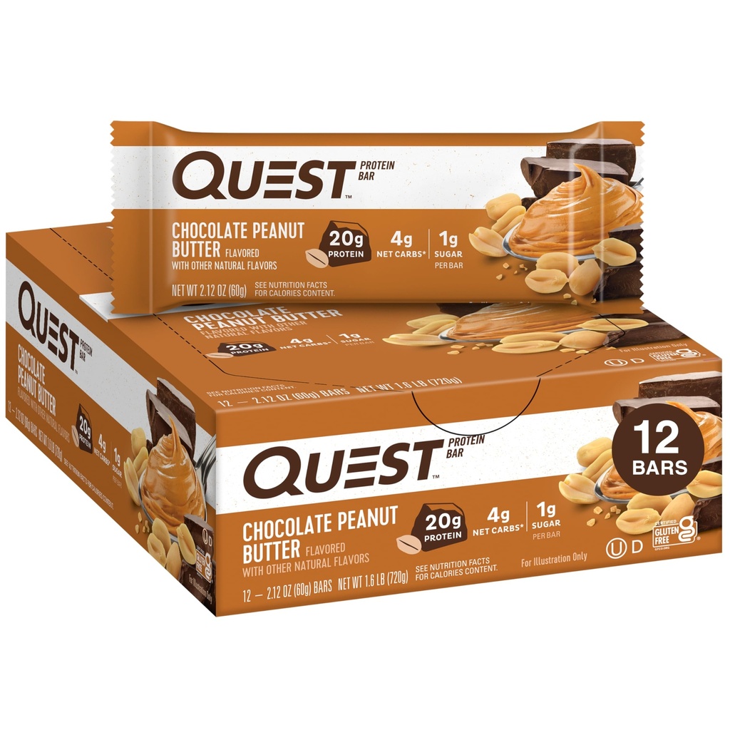 Quest Ernæring Sjokolade Peanut Smørbarer, 20g Protein, 1g Sukker, 4g Netto Karbohydrat, Glutenfri, Keto Vennlig, 12 Count