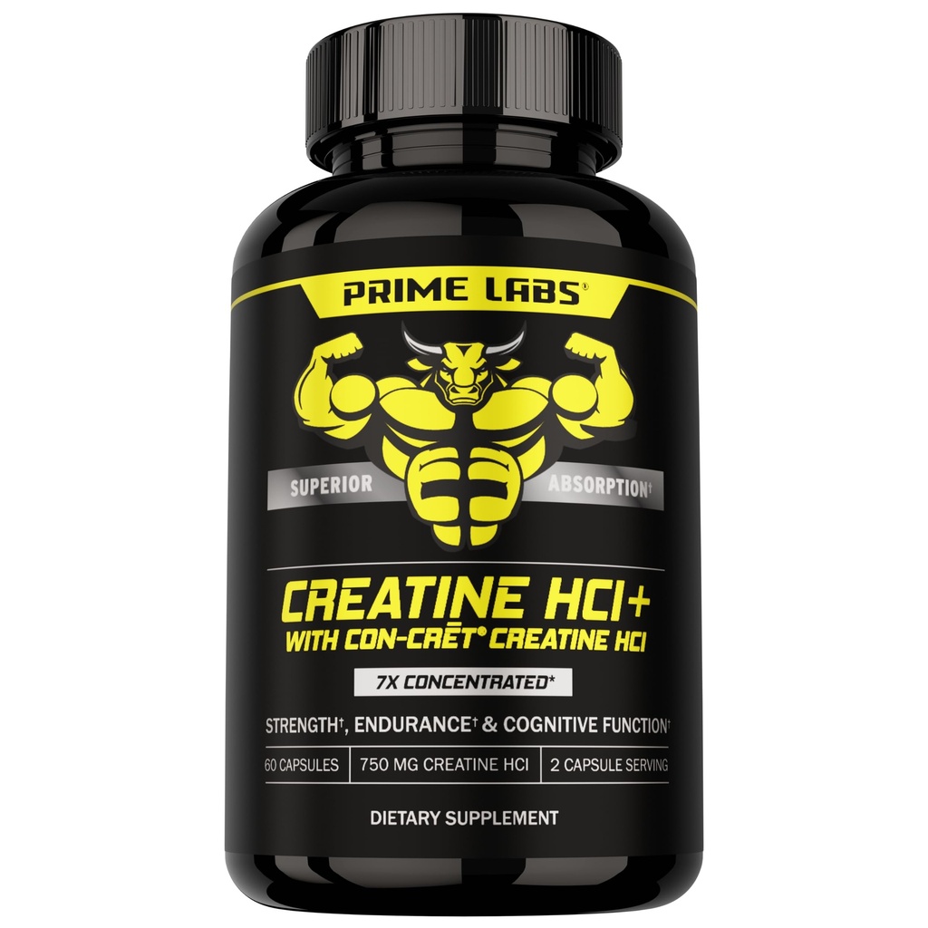 Prime Labs Creatine HCl Capsules - med CON-CRĒT®, Rhodiola Root Extract, & L-Theanine - Muskelstøtte, utholdenhet, kognitiv funksjon - for menn og kvinner - 60 piller